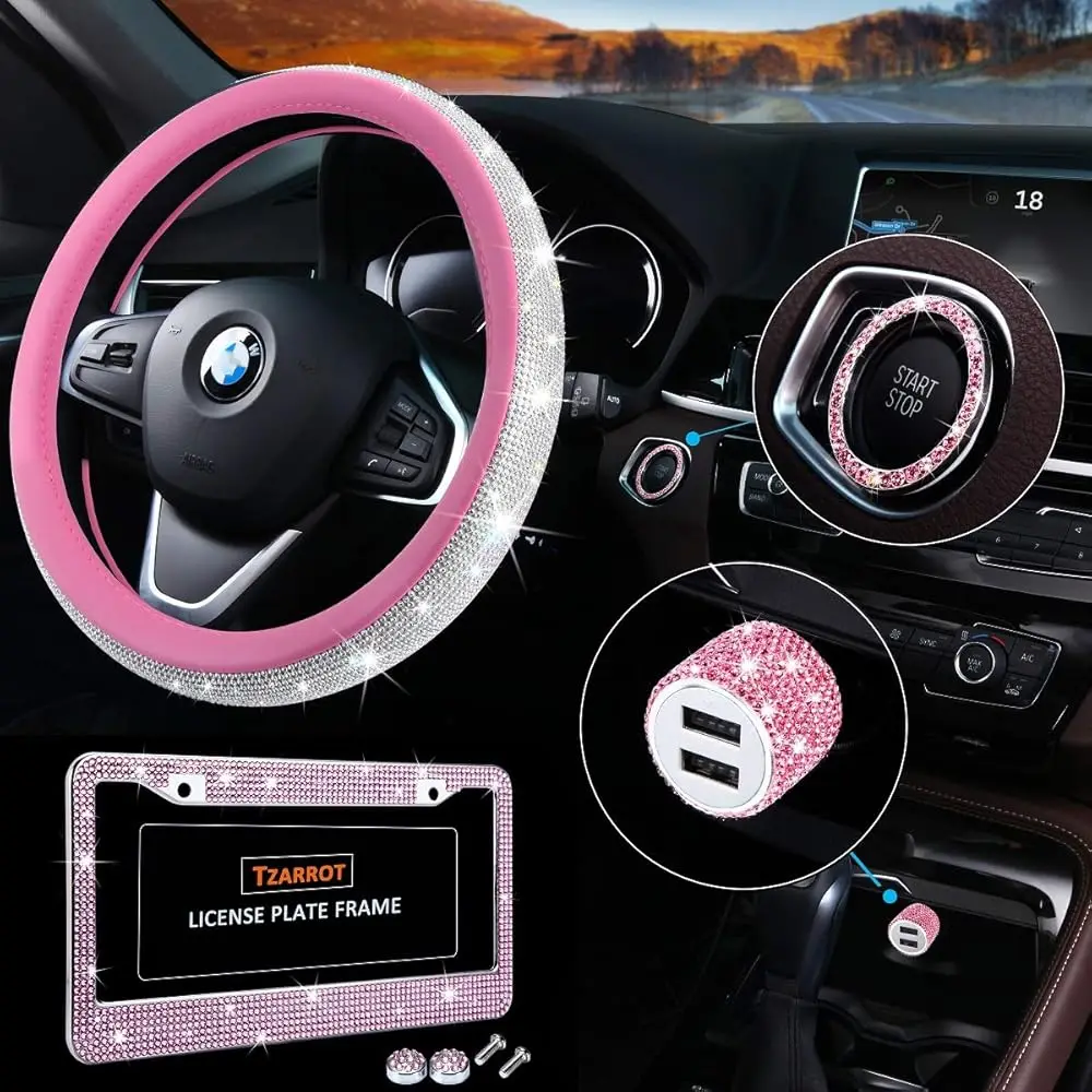

Bling Car Accessories Set, Pink Bling Steering Wheel Cover for Women Universal Fit 15 Inch, Bling License Plate Frame for Wom