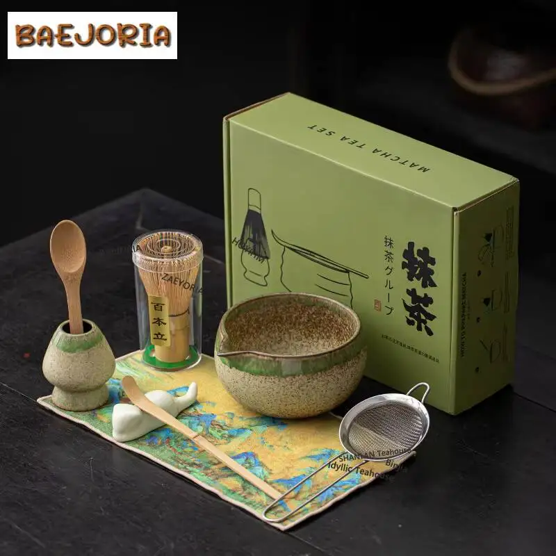 Brown And White Tea Set Complete Set Bamboo Chasen Japanese Matcha Set Kit Green Tea Powder Matcha Bowl Home Tea-making Tools