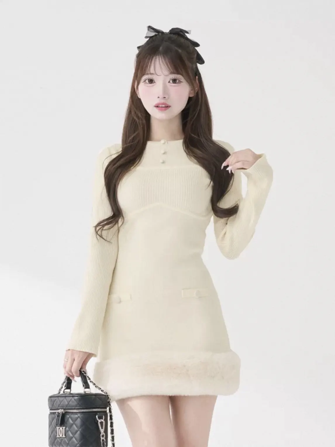Autumn and Winter Japanese Elegant Beaded Shawl with Plush Cuffs Slim Fit Temperament Ladies' Knitted Dress with Brooch Included