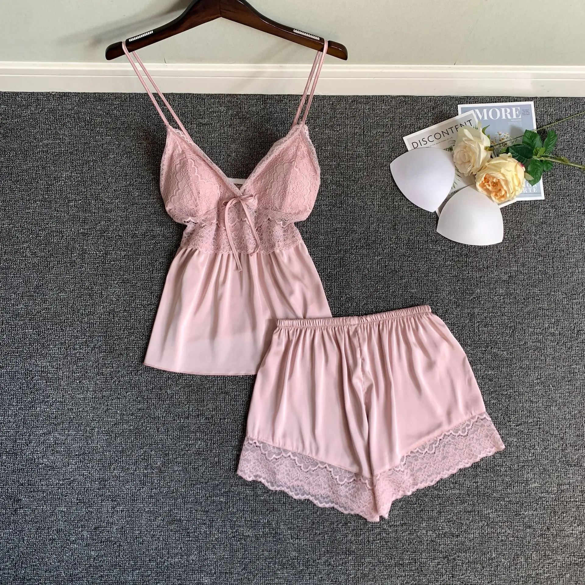 Women Pajamas Suit With Bow Sexy Lace Strap Top&Shorts Summer Sleeveless 2PCS Sleepwear Female Sleep Set Casual Home Clothes