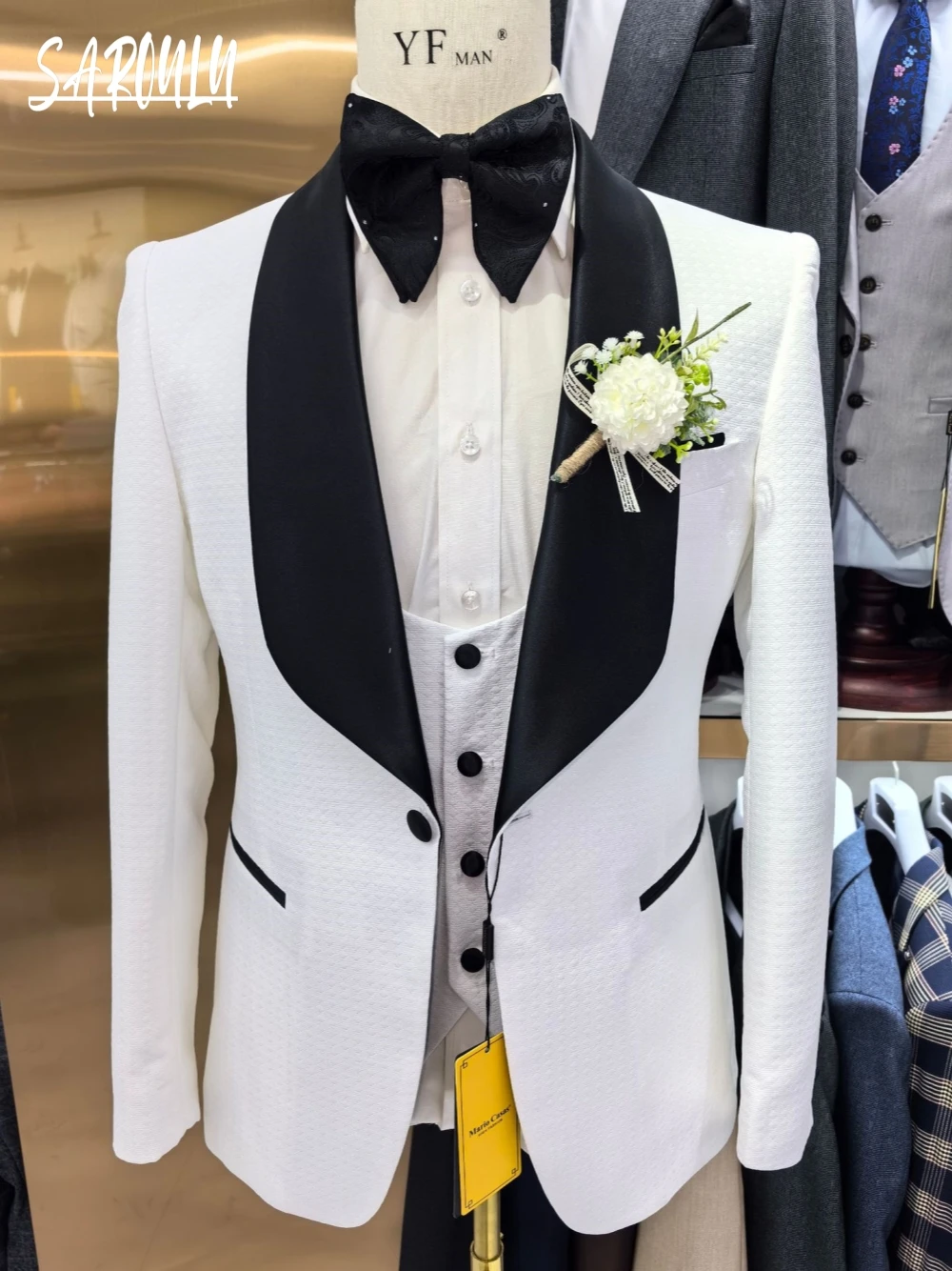 

New Arrival Classic Jacket Vest Pants Men's Suit Textured White Groom Wear In Stock Vogue Shawl Lapel Elegant Customized Set