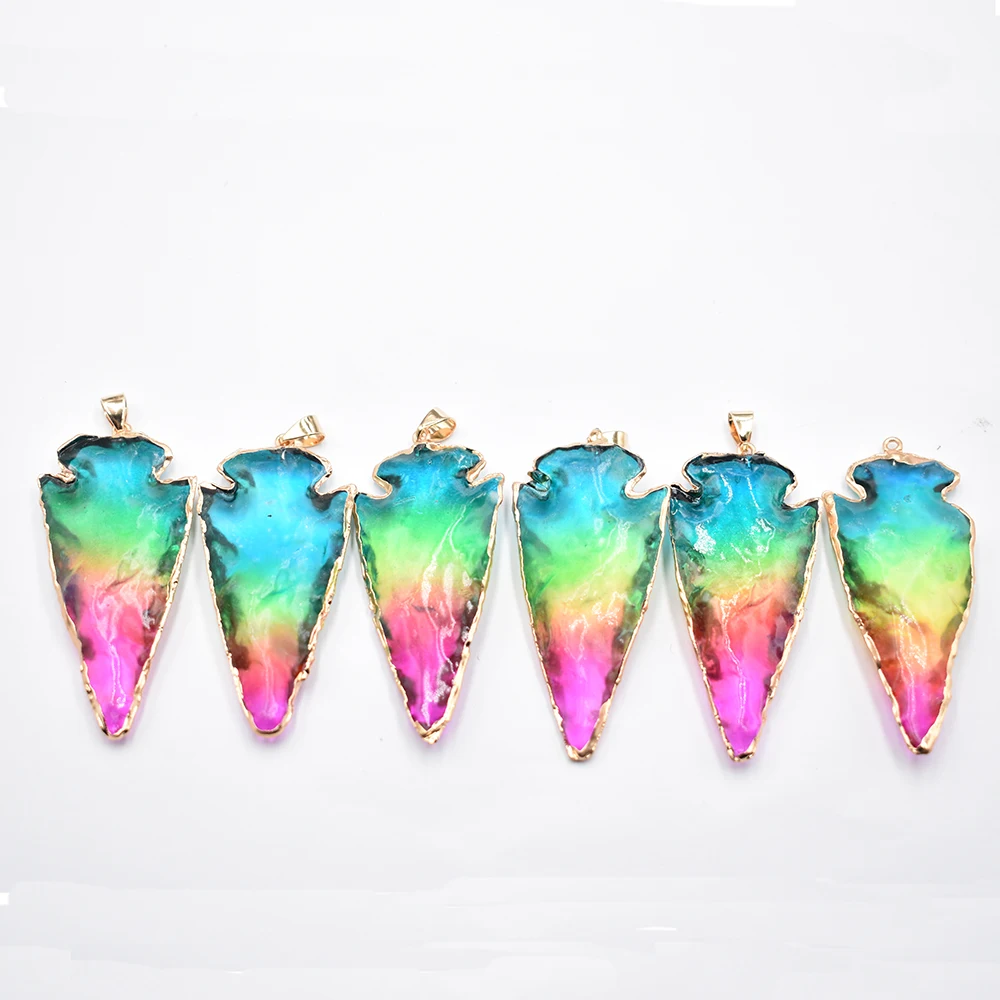 Good Quality Natural colorfullcrystal Arrowhead Pendant Electroplated Gold Color Raw Stone for jewelry making 6pcs/lot Wholesale