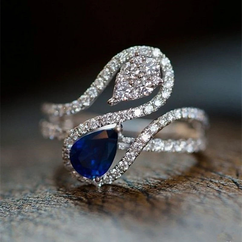Huitan einzigartiges Design weiß/blau Wasser tropfen Zirkonia Ringe Luxus elegante Dame Eheringe Modeschmuck für Frauen