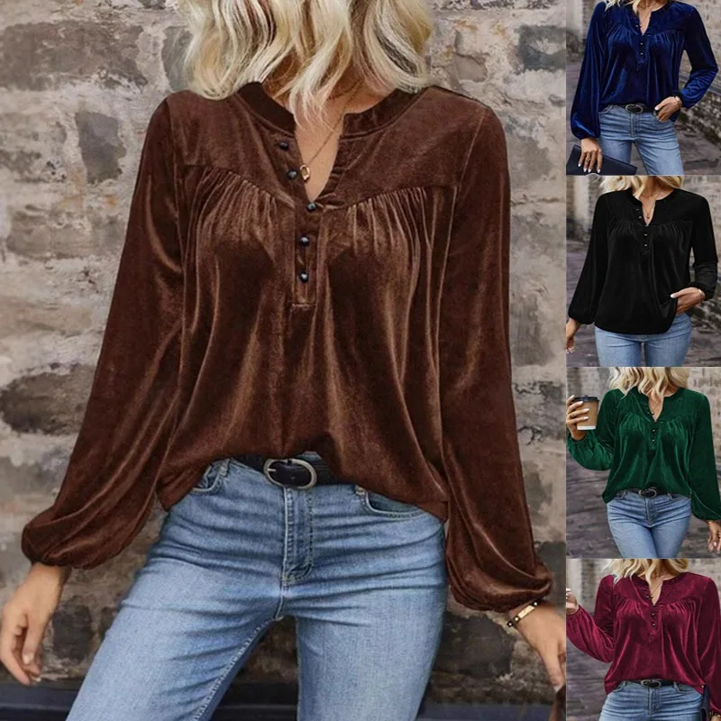 Cross-border Bestseller Spring Autumn New Solid Color Pullover V-neck Casual Elegant Commuter Button Long-sleeved Top for Women