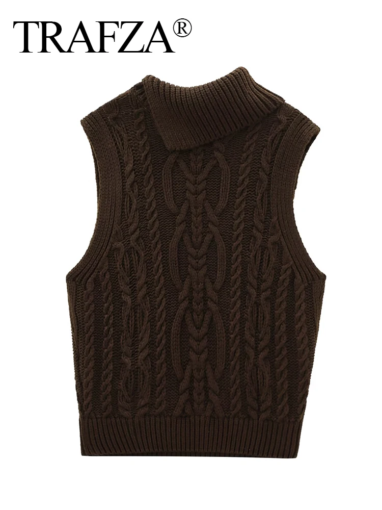 TRAFZA Women's Autumn New Fashion Sleeveless Eight-Ply Knitted Vest Female Elegant High Street Casual Waistcoat Sweater Mujer