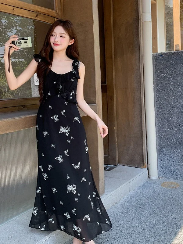 Elegante Vestido de Verano con Estampado Floral Negro, Vestido sin Mangas para Mujer, Hermoso Vestido Midi Estilo Francés con Corte en A para Mujeres Jóvenes