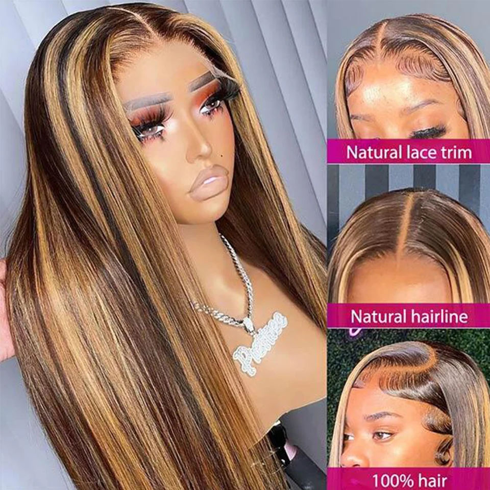 Highlight Honey Blonde Straight Human Hair Wigs For Women 4x4 Closure Wig Colored 13x4 HD Lace Frontal Wig Pre Plucked