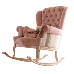 yj European-Style Rocking Chair Lazy Sofa Solid Wood Leisure Chair Fabric Couch Recliner Rocking Chair