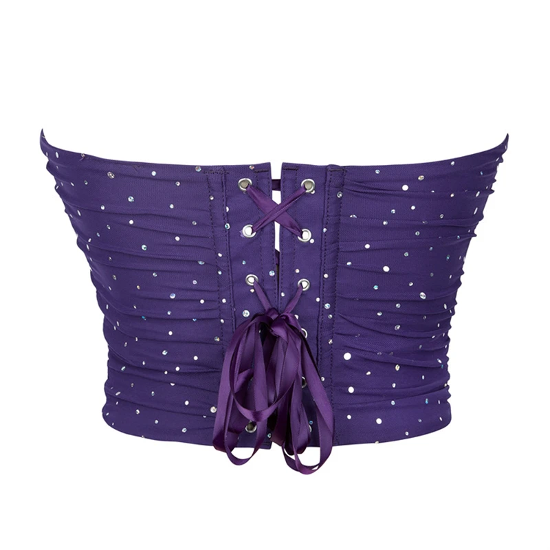 Women Corset Summer Crop Top Sexy Strapless Off Shoulder Sequin Breathable Mesh Purple Bustier Tops Gothic Korset lingerie