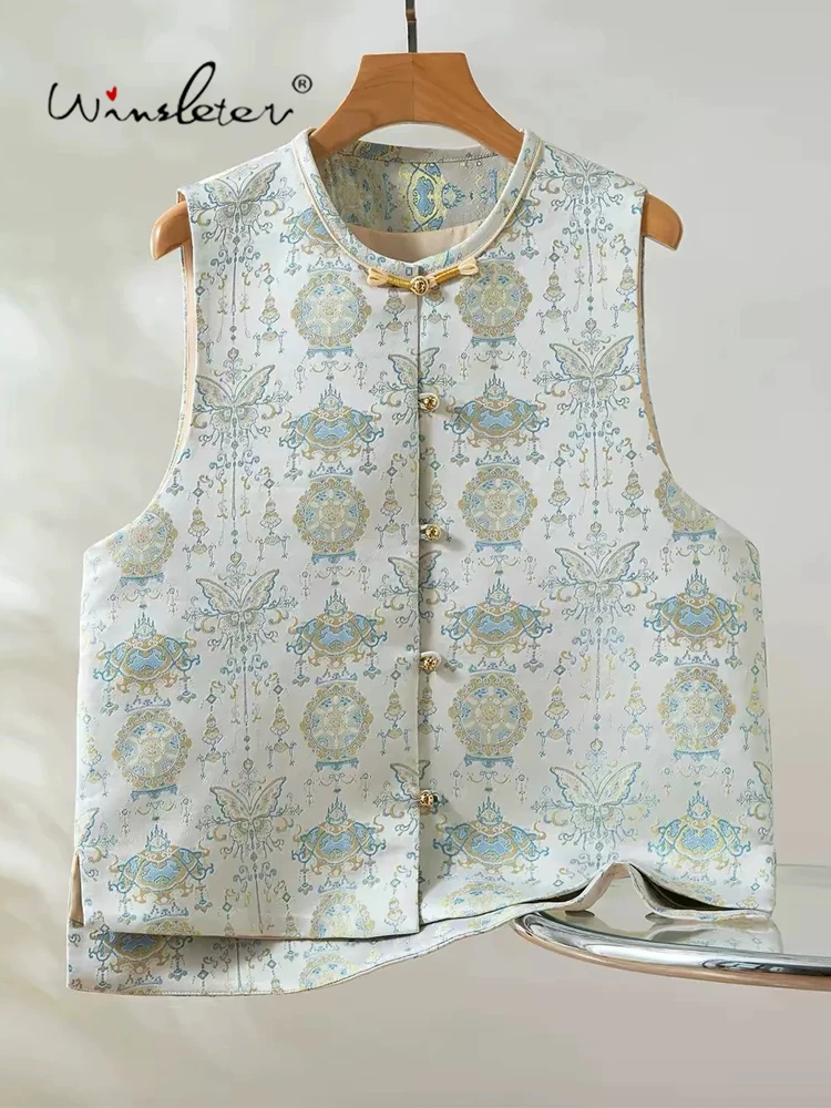 Winsleter-100%Real Silk Song Brocade Elegant Vest Coat, O Neck Butterfly, Women Vintage Chic Waistcoat, 2026 Autumn New T6O334CC