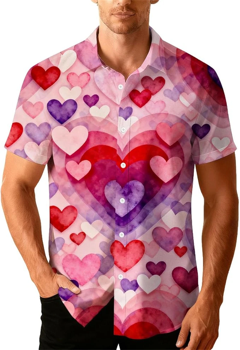 

Valentine Day Couple Shirts 3D Print Love Heart Trendy Shirts For Men Women New Casual Summer Short Sleeve Button Up Blouse Tee