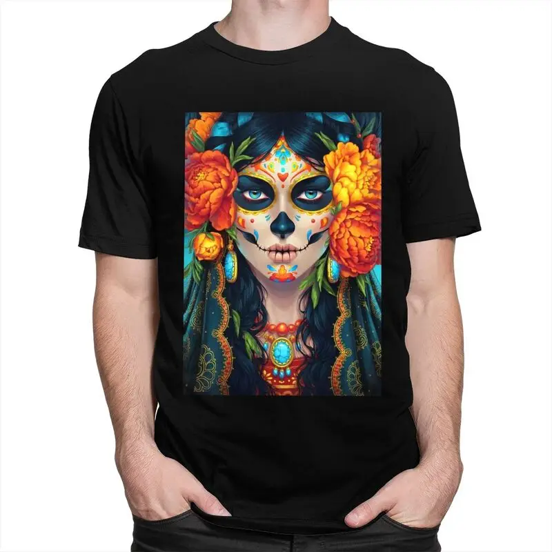 Custom Mexican Catrina Sugar Skull Lady T Shirt for Men Pure Cotton Tshirt Fashion Tee Short Sleeve T-shirts Slim Fit