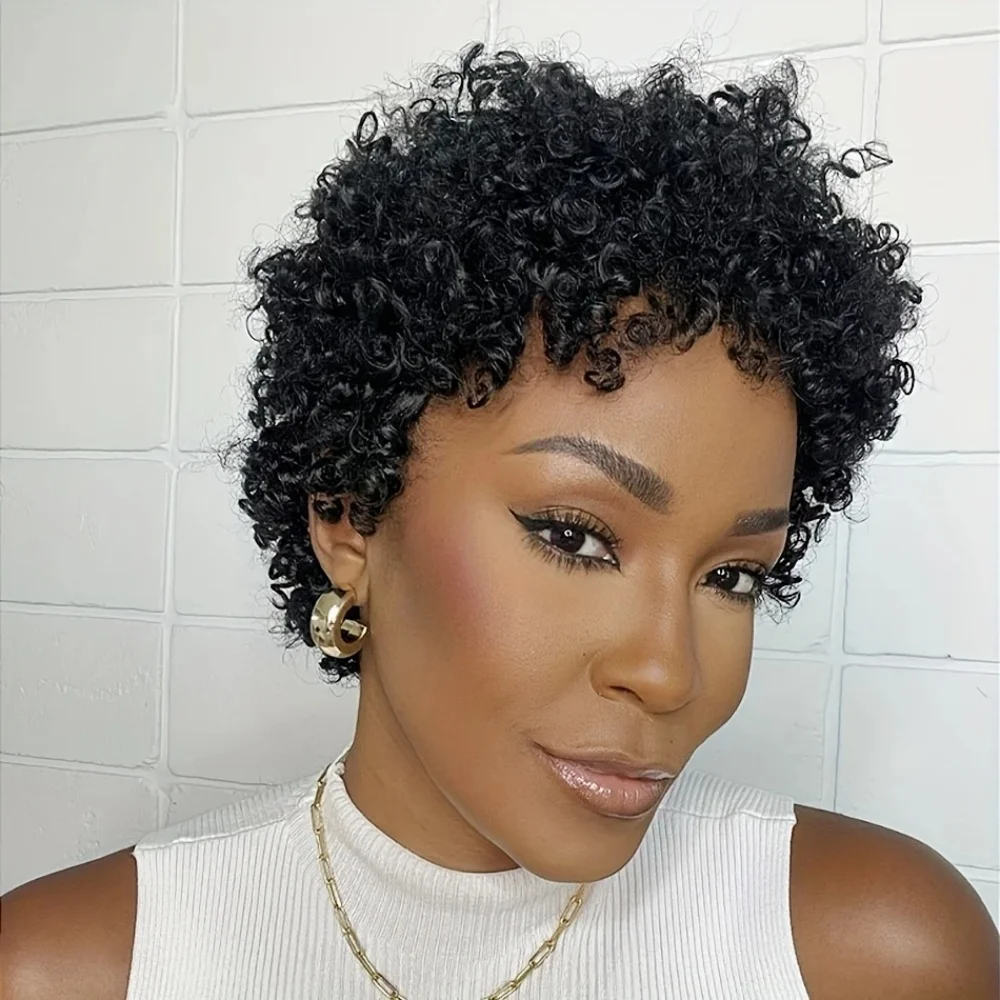 6 inches Curly Pixie Cut Human Hair Wig for Women Full Machine Made Daily Wear Wig Natural Looking Short Hair Style