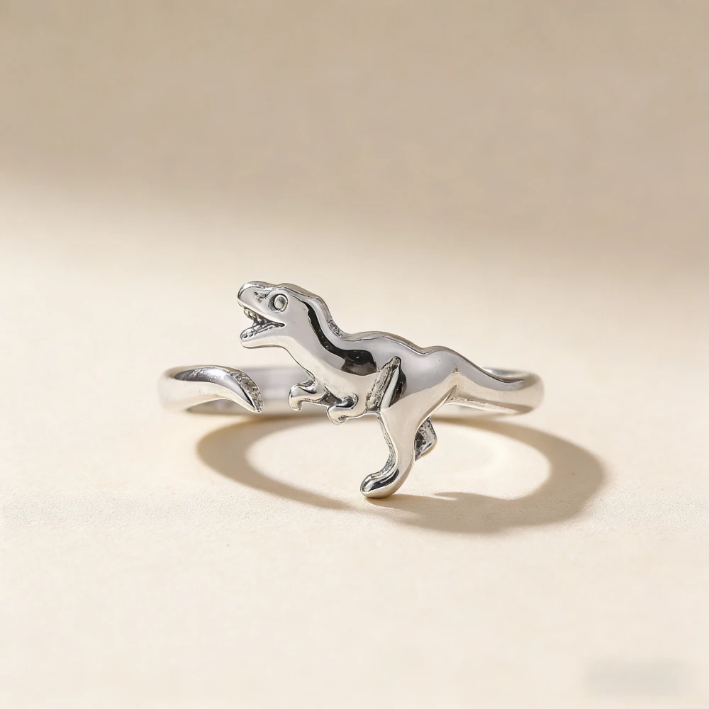 925 Silber Plattiertes Retro Niedliches Dinosaurier-Ringset, Umweltfreundlicher Kupfer Verstellbarer Tier-Ring Geeignet für Tägliches Geschenk