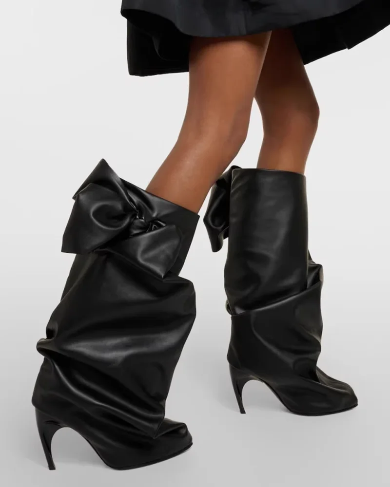 

Black Pleated Leather Knee High Boots Women Big Bow High Heels Winter Runway Boot Luxury Designer 2024 New in Big Size Shoes