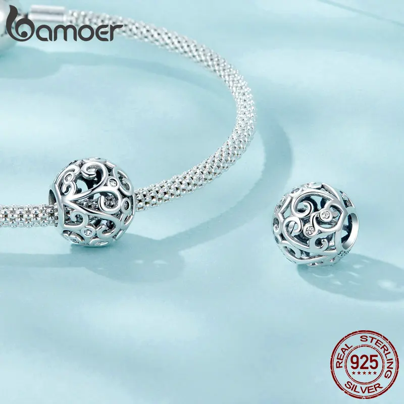 BAMOER 925 Sterling Silver Round-Shaped Hollow Flower Charms for Bracelets, Scroll Texture DIY Beads Charm Jewelry Gifts SCC2785