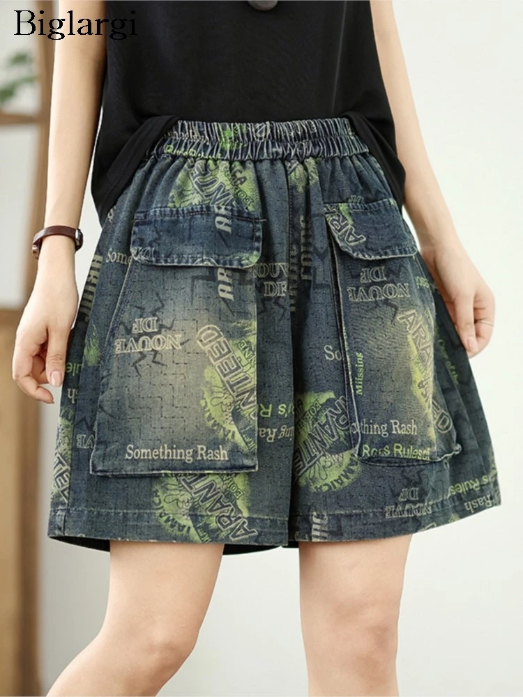 

Oversized Jeans Summer Wide Leg Shorts Women Retro Graffiti Print Fashion Elastic High Waist Ladies Trousers Loose Woman Shorts