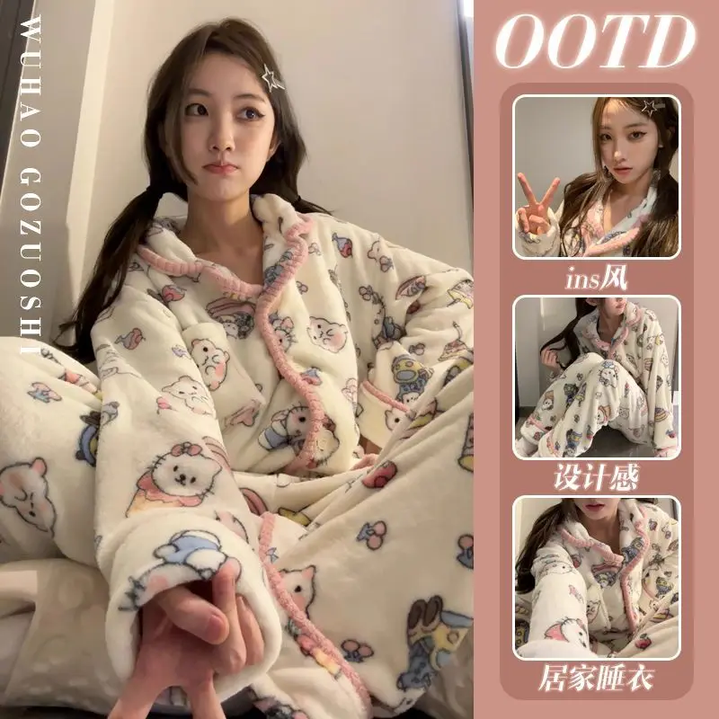 

Женский плюшевый пижамный комплект из 2 предметов в стиле аниме «Hello Kitty», зимняя утолщенная домашняя одежда для девочек, коралловый бархат, теплая ночная рубашка Kawaii с героями мультфильмов