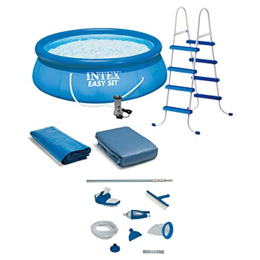 

15'x48 Round Inflatable Outdoor Above Ground Swimming Pool Set with Ladder, Filter Pump, and Deluxe Maintenance Pool Cleaning K