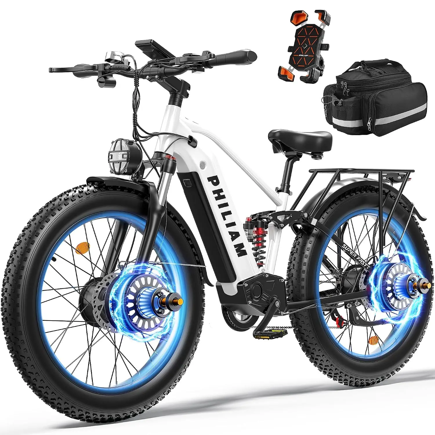 Dual Motor Ebike Adults 4000W 37MPH Fat Tire All-Terrain 52V 23Ah UL2849 Battery Full Suspension Hydraulic Brakes, Customized