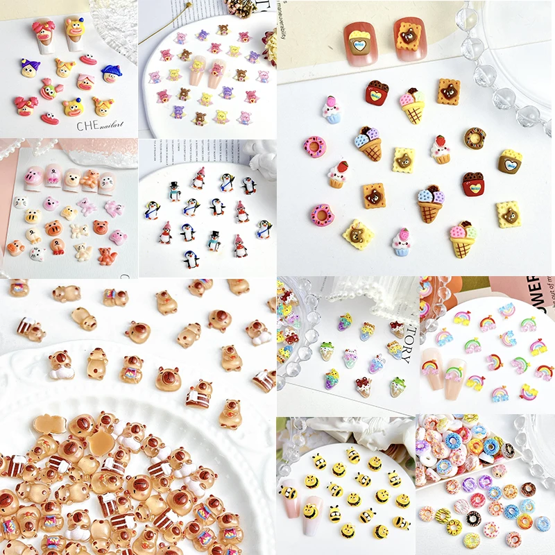 50Pcs Random Mixed Resin Cartoon Rabbit Bear Nail Charms Cute Bow Ice Cream Nail Art Decoration for Manicure DIY Ornaments