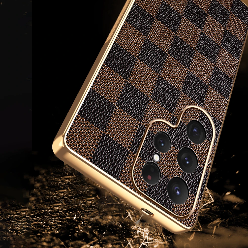 الأعمال عالية الجودة Sle حافظة جلدية لسامسونج S25 الترا إيدج S24 S23 S22 ليوبارد الشطرنج نمط للصدمات غطاء من البولي يوريثان