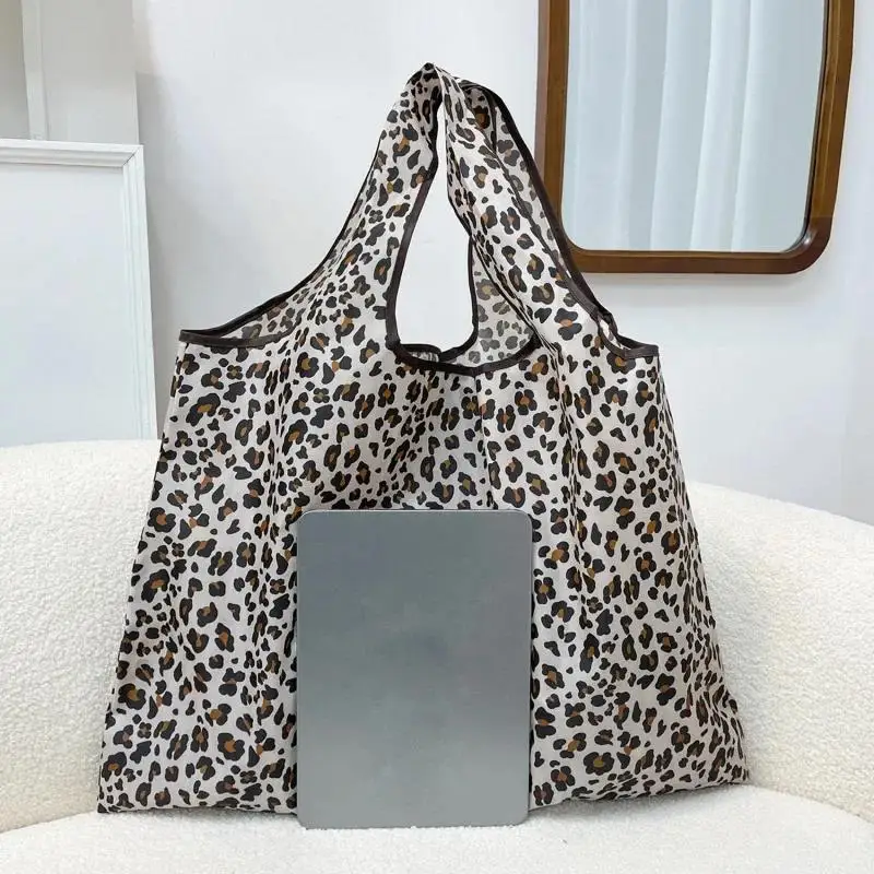 Borsa per la spesa pieghevole leopardata Borsa per supermercato con fiori stampati Borsa da viaggio leggera impermeabile per verdure