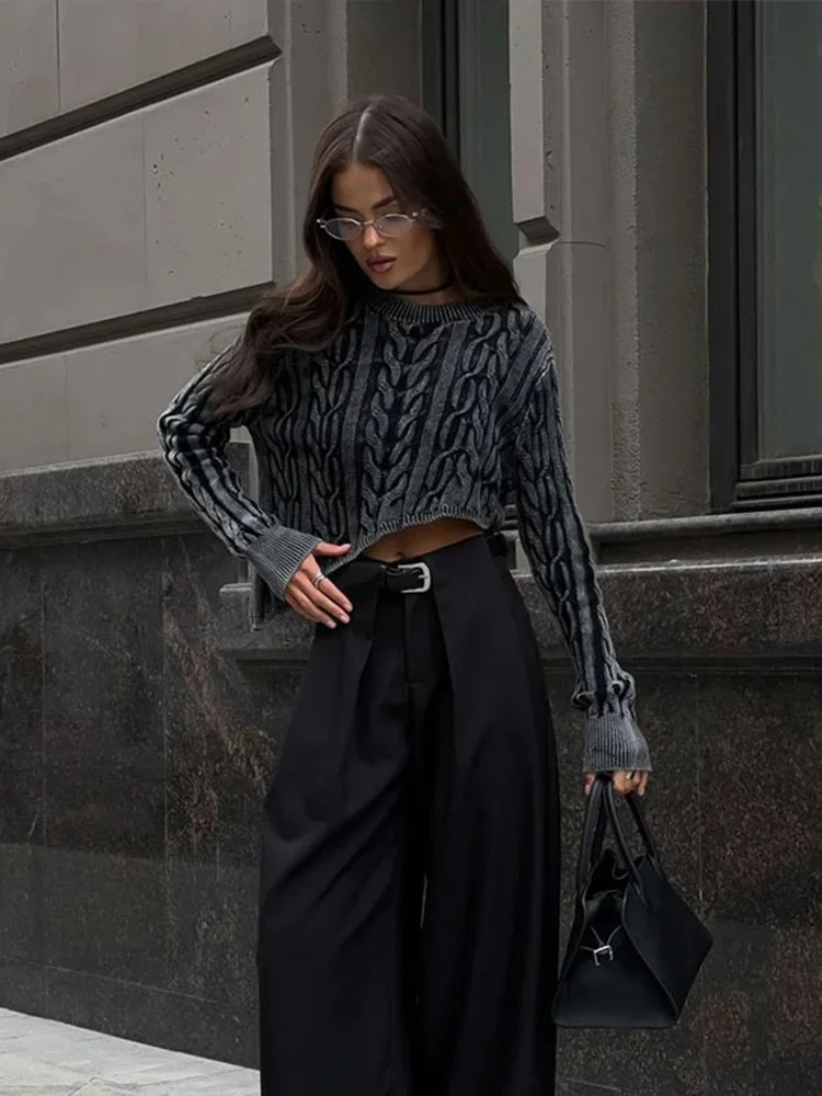 Jerséis de punto con dobladillo Irregular para mujer, suéteres recortados de manga larga con cuello redondo, suéteres femeninos elegantes de moda, jerséis de calle alta, otoño