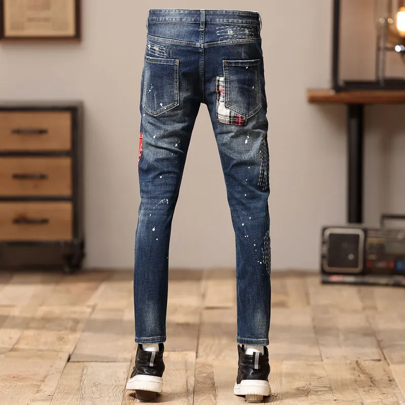High Street Fashion Men Jeans Retro Blue Stretch Slim Fit Ripped Jeans Men Embroidery Patch Designer Hip Hop Denim Pants Hombre