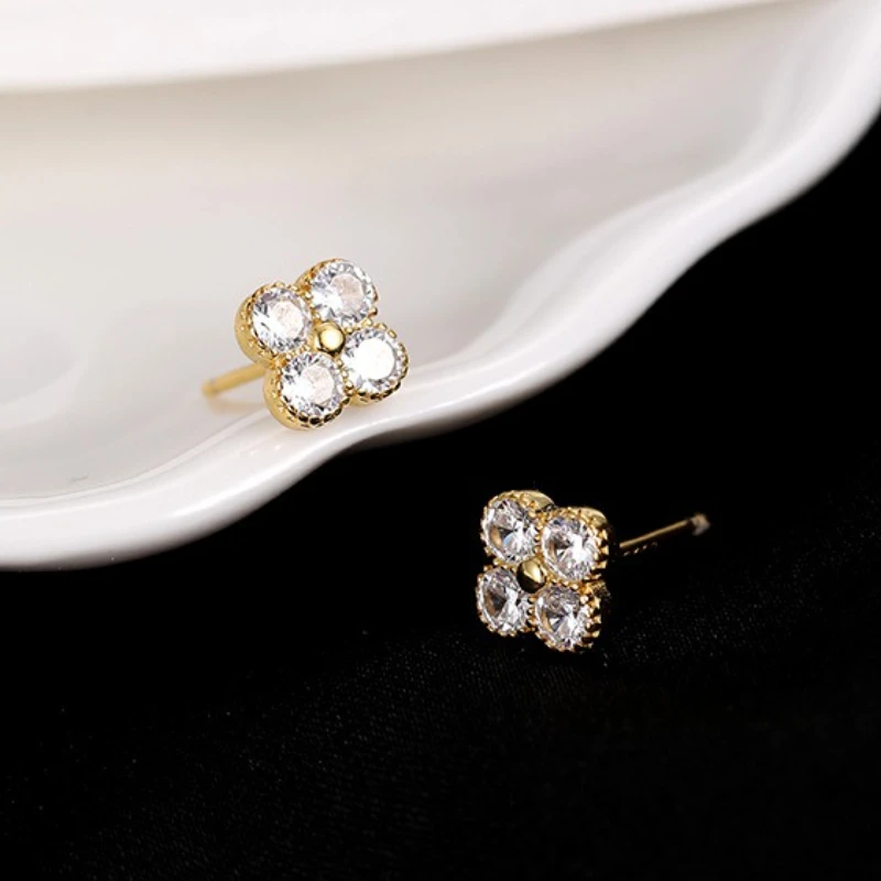 925 الفضة مطلي أربع أوراق البرسيم وأقراط للنساء تألق لامعة 5A الزركون محظوظ أقراط مجوهرات مأدبة رائعة #4