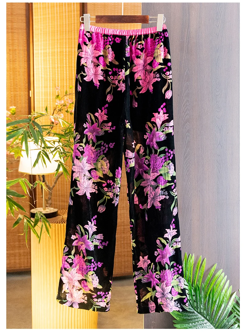 High-Quality Autumn and Winter New Velvet Plant Flower Elastic Waist Tassel Button+Pocket Elegant Lady Straight leg Pants S-XXL