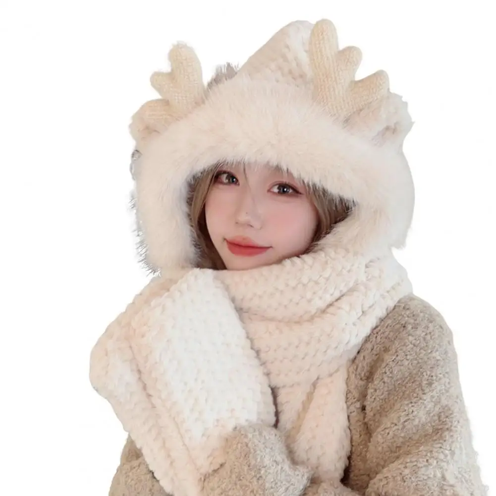 Winter Scarf Hat Sets for Women Cute Antler Decor Furry Fur Bonnet Plush Thicken Windproof Beanies Neck Warmer Scarves Two-Piece