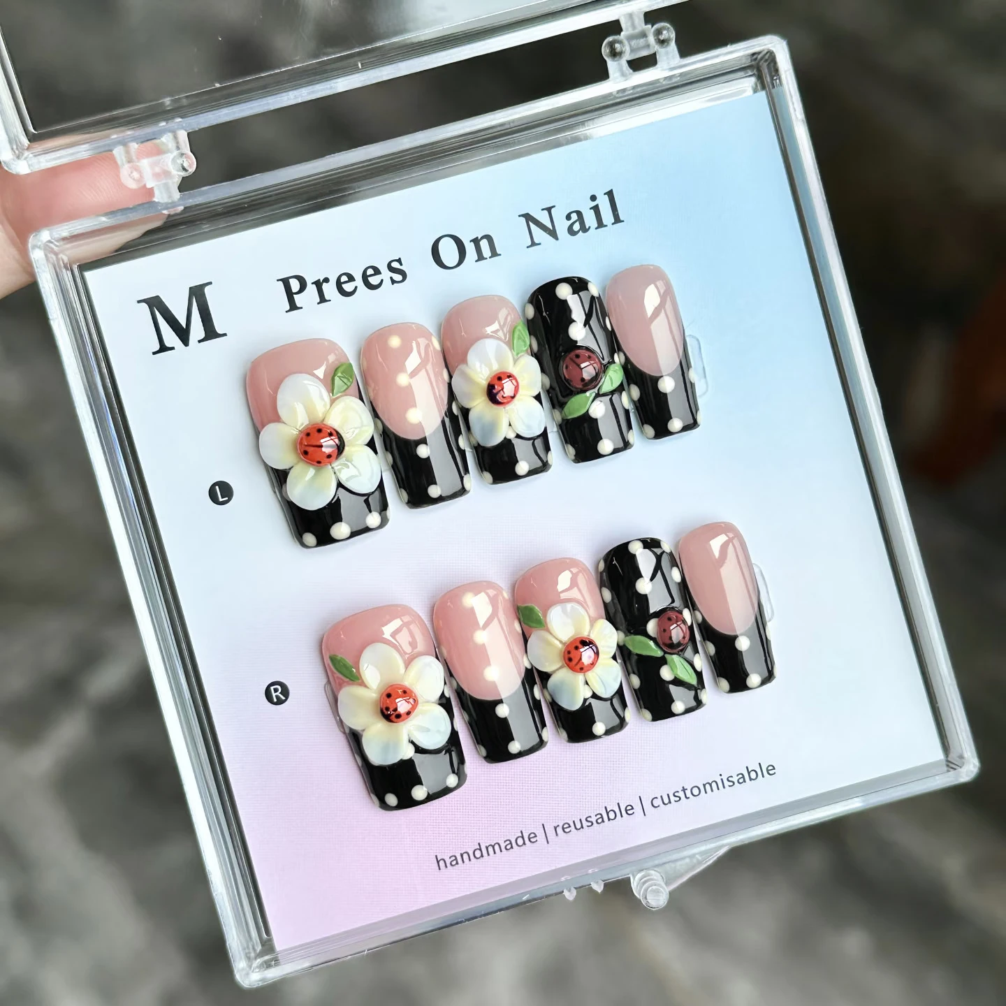 Handmade Press on Nails Black Border French False Nails Full Cover Wearable Glitter French Short Fake Nail Tips for Women&Girl