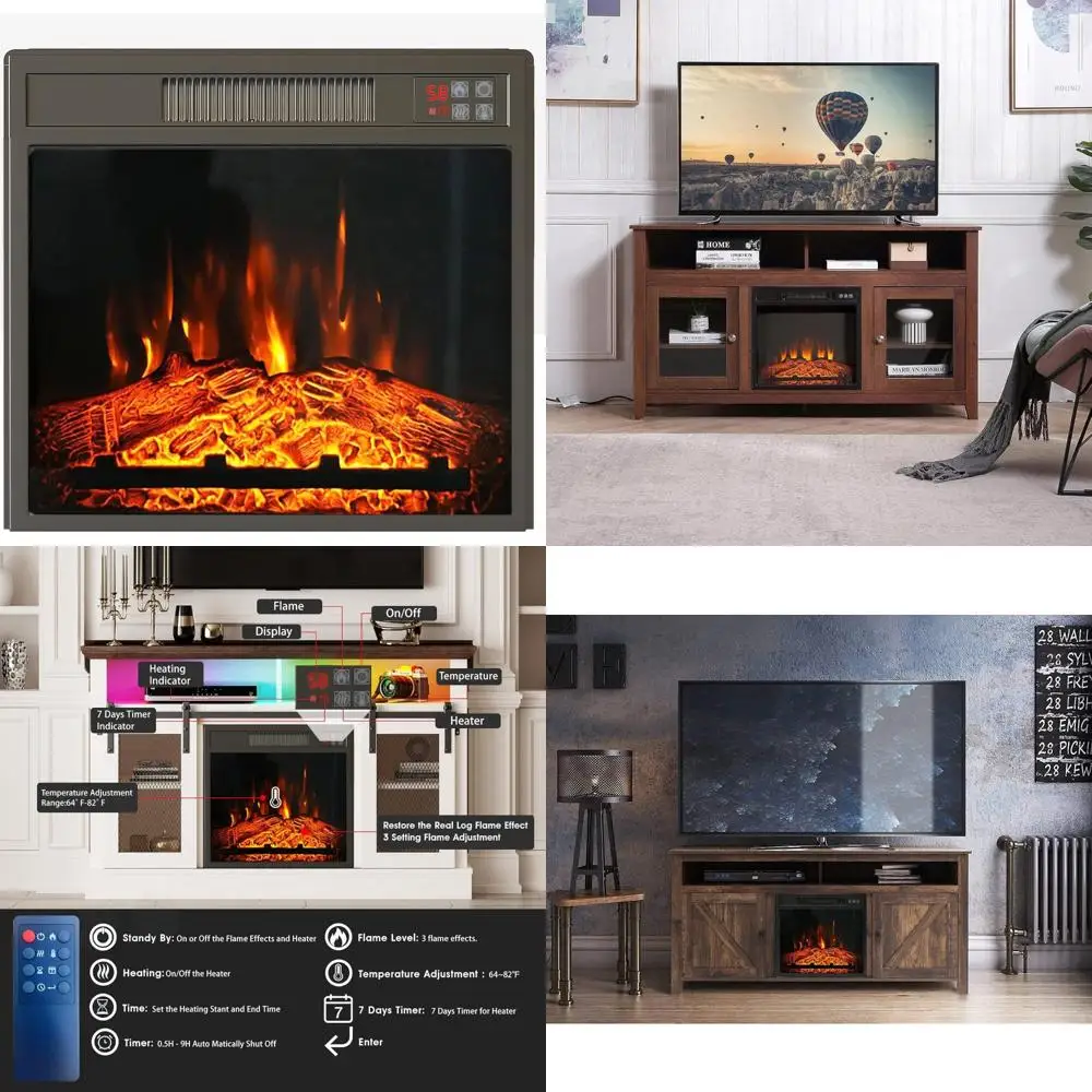 

Indoor Electric Fireplace Insert with Remote, 18 Heater for TV Stand, Adjustable Flame Settings, Modern Electric Stove