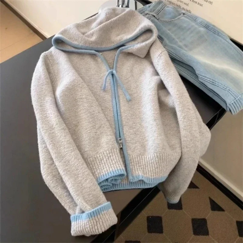 Women Jumpers Zipper Patchwork Thick Sweaters Long Sleeve Splice Elegant Hooded Coats Streetwear Outwear Autumn Winter