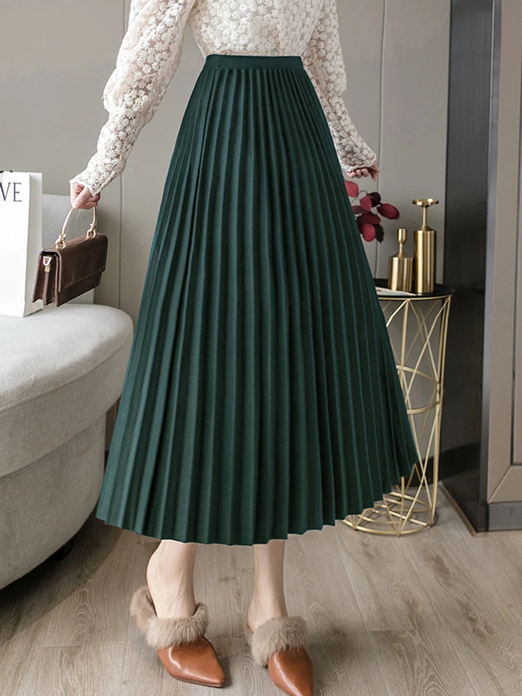 

Vintage Elastic Waist Woolen Pleated Skirts Woman 2024 New Collection Autumn Winter Versatile OL Style Long Skirt Loose Elegant