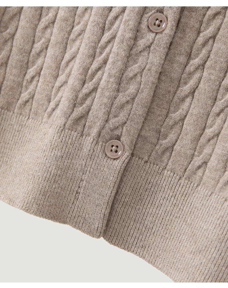 MZ62006 Damen-Strickjacke mit Zopfmuster, Rundhalsausschnitt, kurzen Ärmeln, Knopfleiste, lockerer Schnitt, einfarbig, Modal-Mischung, lässiger Pullover für den frühen Herbst – Detail 19