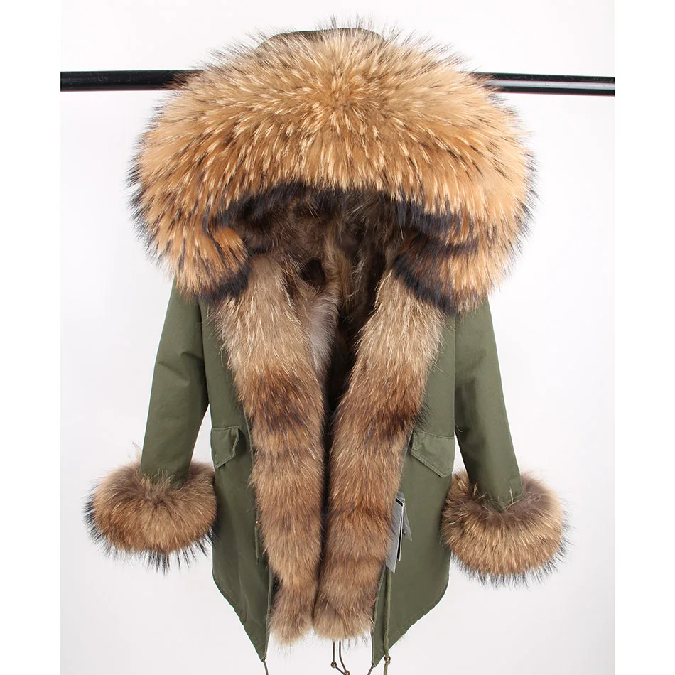 Manteau en fourrure de renard véritable pour femme, veste d'hiver, longue parka, col en fourrure de raton laveur naturel, capuche optique, parkas chaudes avec doublure en fourrure véritable