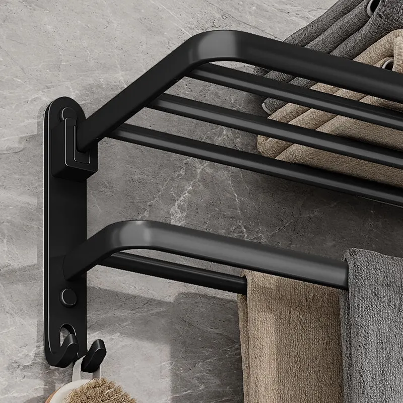 50CM Foldable Towel Rack with Hook Wall Mounted Aluminum Bar Holder Matte Black for Bathroom Kitchen Hotel SPA Home Decor