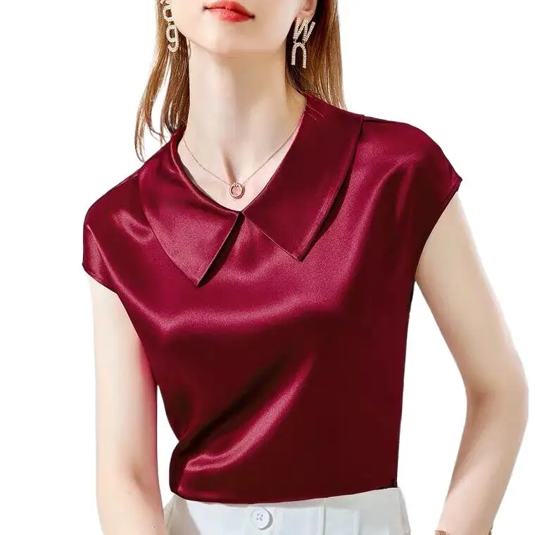 

Acetate satin Blouse Women Fashion Ice silk Shirt Doll Collar White Girlish blouse Short Sleeve elegant artificial silk tops