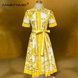 MARYYIMEI Spring Summer Women's Dress Turn-Down Collar Half Sleeved Single-Breasted Baroque Print Cotton Vintage Dresses