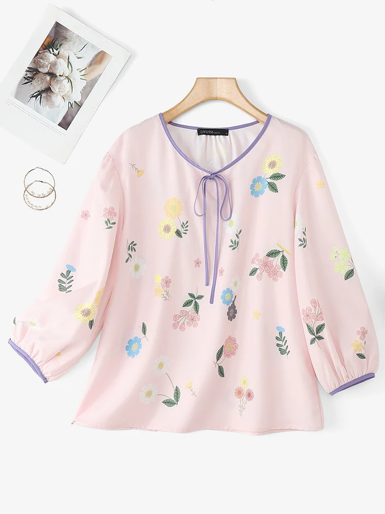 ZANZEA Women ashion Long Sleeve Blouse 2025 Autumn Puff Sleeve Floral Print Casual Shirts Tunic Tops Bandage Vintage Blusas