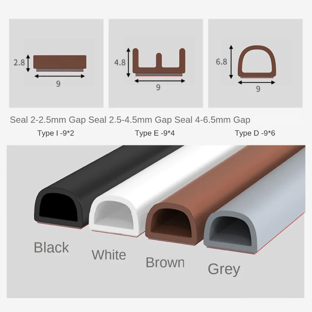 6Meters D/E/I Type Door Window Sealing Strip Silicone Rubber Weather Strip Self-adhesive Tape Anti-collision Insulation Seal