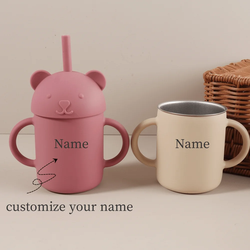 1PC Personalized Customization Name Pattern Silicone Straw Cup Stainless Steel for Babies/Toddlers Baby Cups Custom Water Bottle
