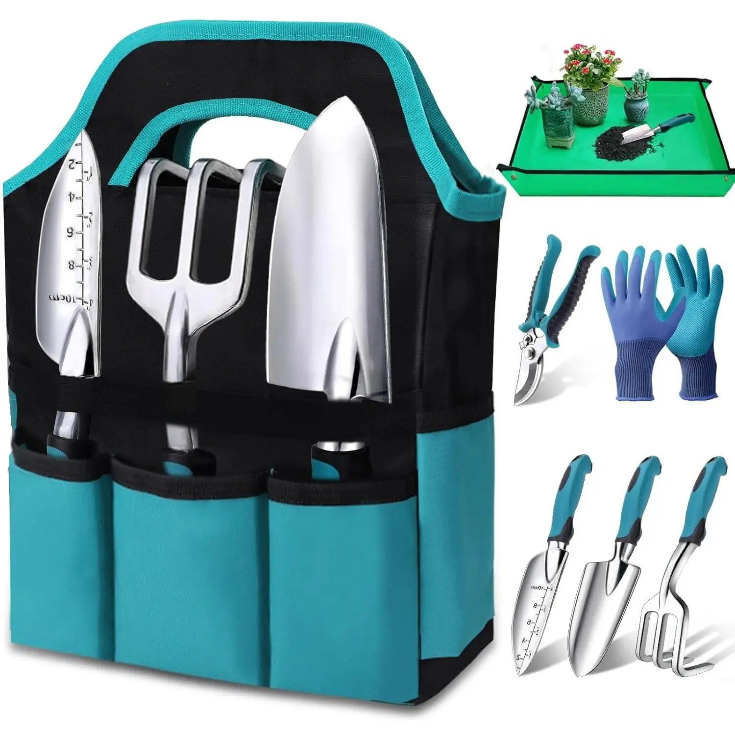 Juego de 7 Herramientas de Jardinería Resistentes, Kit de Regalo para Plantar, Trasplantar y Cuidar las Plantas, Herramientas Antióxido para Cavar, Desherbar y Podar