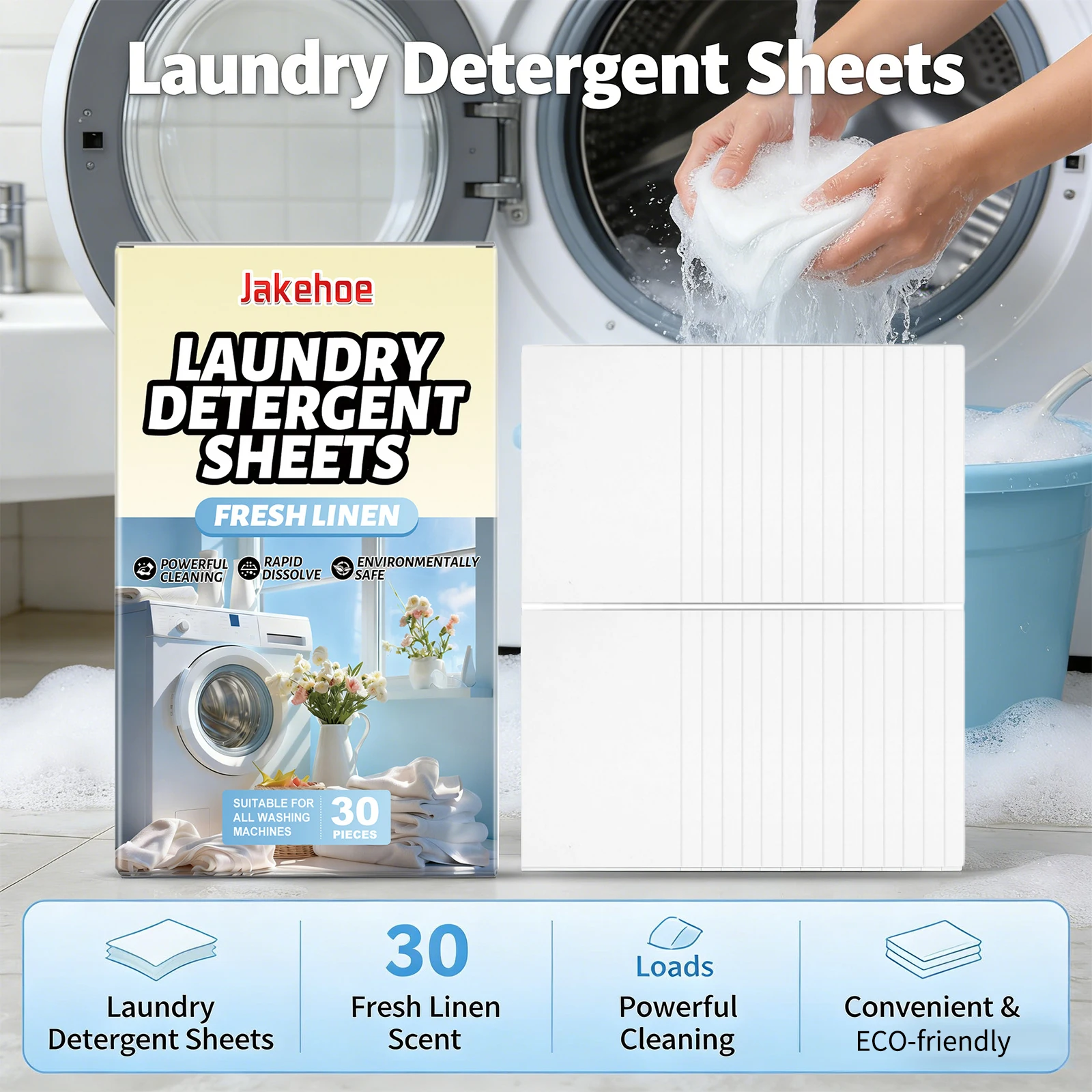 Laundry Detergent Sheets for Clothing Stain Removal Powerful Cleaning Fresh Linen Scent Suitable for All Washing Machines