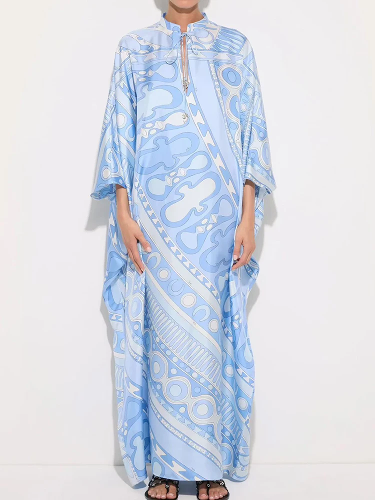 Temperament abstract printed satin robe spring and summer women's new bat sleeve loose plus size holiday blouse beach long dress