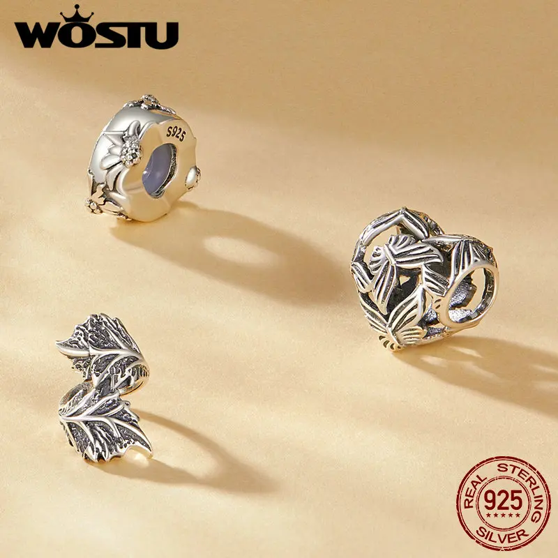 WOSTU 925 Sterling Silver Autumn Elements Butterfly Beads Squirrel Charm Maple leaf Pendant Fit DIY Bracelet Necklace Party Gift