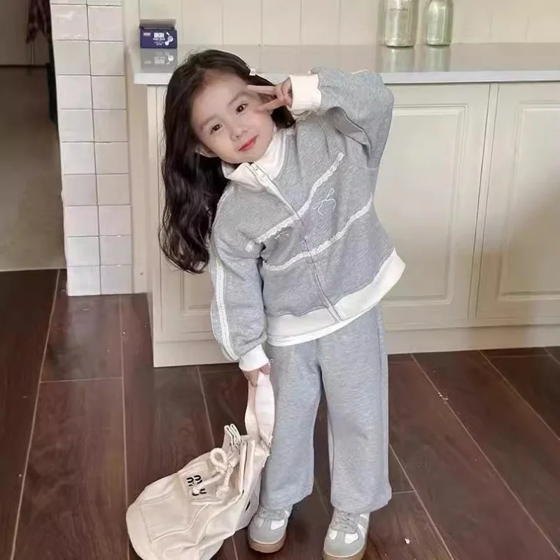 

Children's Outfit New Autumn Girls' Fashion Solid Color Sweatshirt Jacket with Embroidered Bow Casual Pants Two-Piece Set