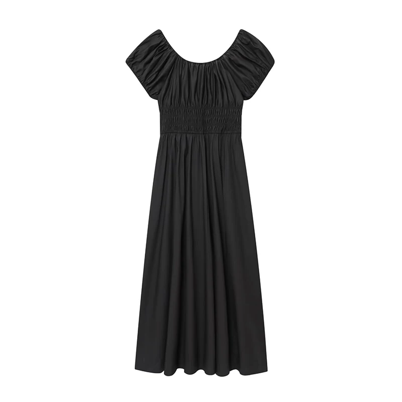 YENKYE Czarne Białe Sukienki Letnie z Krótkim Rękawem na Wakacje 2026 Damskie Sznurowane Dekolt O Elastyczna Talia Elegancka Codzienna Sukienka Midi w Kształcie Litery A